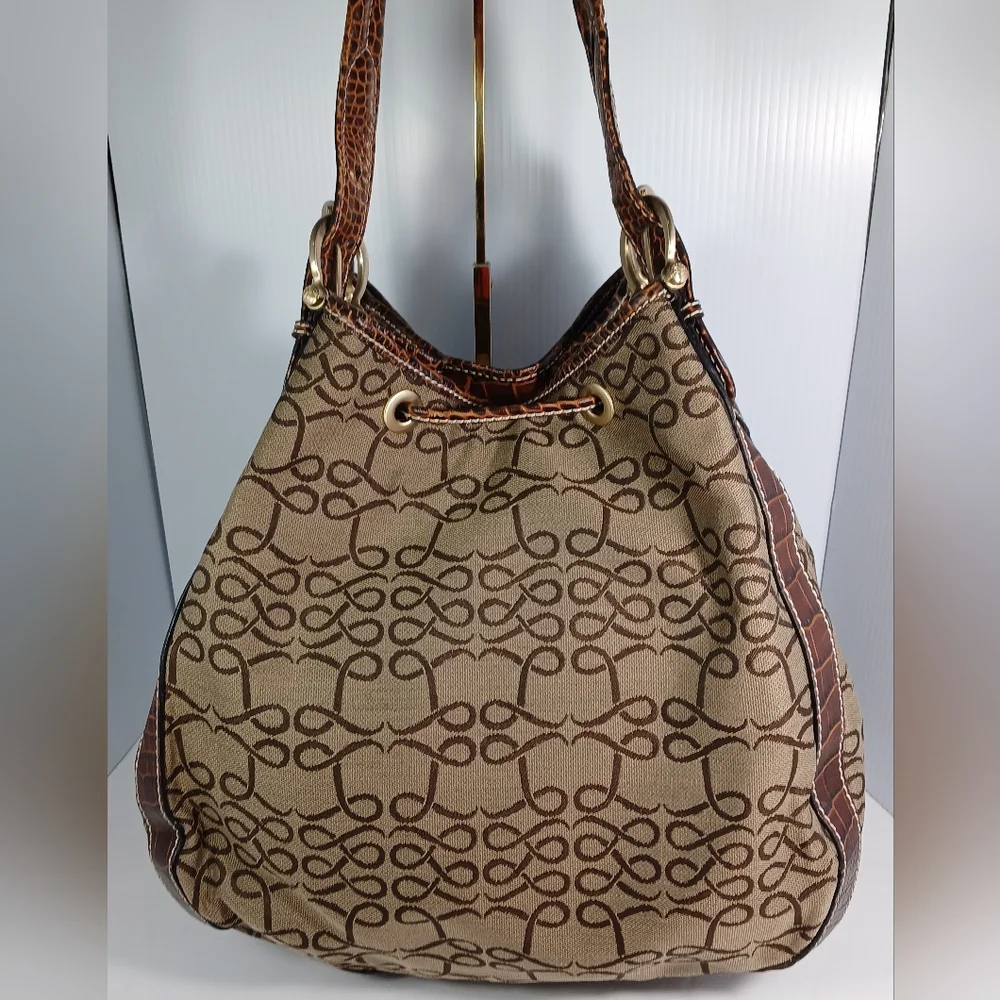 Lancel Canvas Monogram / leather brown crocodile bucket  handbag